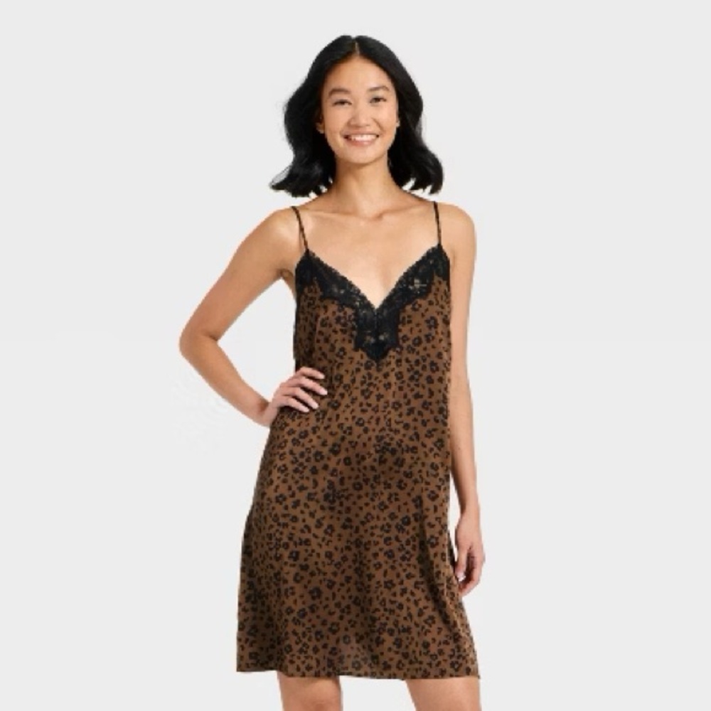 Leopard Print Lace Trim Slip Dress NWT